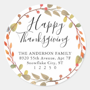 Chic Happy Thanksgiving Fall Autumn Wreath Address Classic Round Sticker