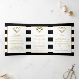 Chic Heart, Black & Gold Striped Wedding Suite Tri-Fold Invitation