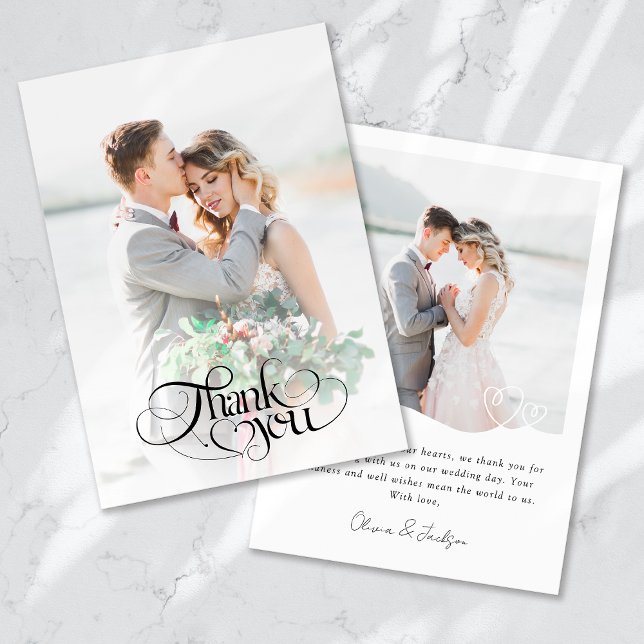 Chic Heart Calligraphy Modern Photo Wedding Thank You Card (Creator Uploaded)