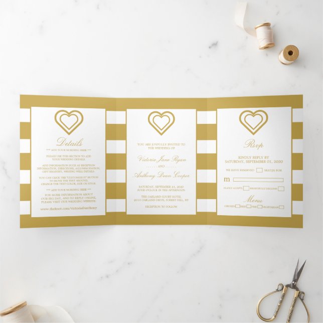 Chic Heart, Gold Striped Wedding Suite Tri-Fold Invitation (Inside)
