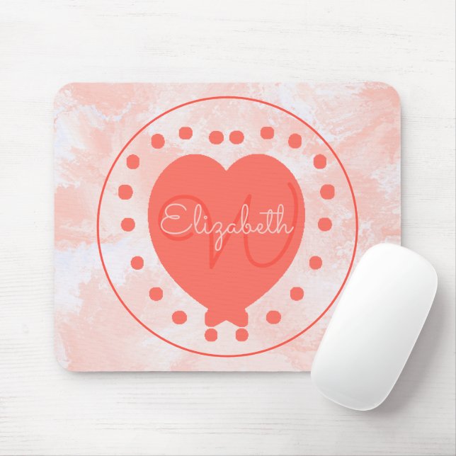 Chic Heart Initial Letter Monogram Coral White Mouse Pad (With Mouse)
