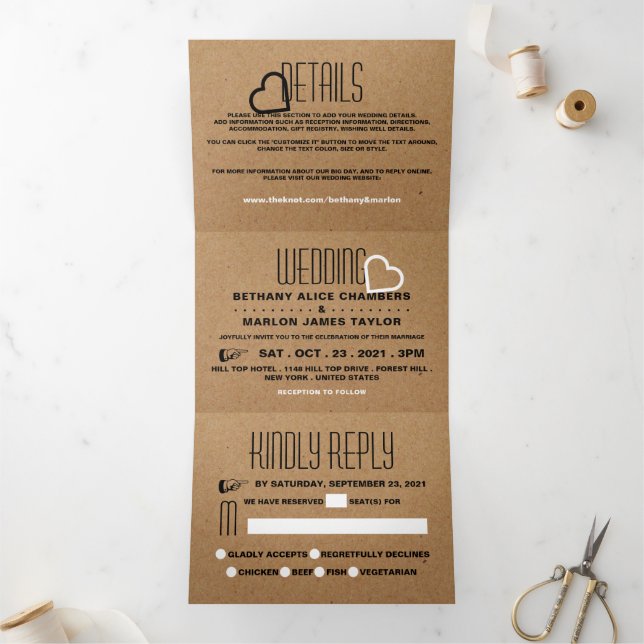 Chic Heart, Kraft Effect Wedding Suite Tri-Fold Invitation (Inside)