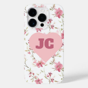 Chic Heart Monogram Initials Pink Floral Shabby Case-Mate iPhone 14 Pro Case