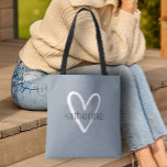 Chic Heart Personalised Dusty Blue Tote Bag<br><div class="desc">This dusty blue tote bag is personalised with your name in a simple font over a large white heart. Ideal for yourself,  for your bridesmaids,  book club,  graduation gift,  birthday gift,  teacher's gift or any occasion. MORE colours in our store.</div>