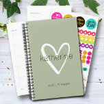 Chic Heart Sage Green Weekly Monthly Non Dated Planner<br><div class="desc">This sage green planner is personalised with your name in a simple font over a large white heart. Ideal for yourself or a great gift for any occasion. MORE colours and MATCHING items in our collection.</div>
