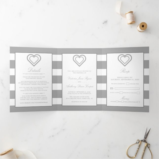 Chic Heart, Silver Striped Wedding Suite Tri-Fold Invitation (Inside)