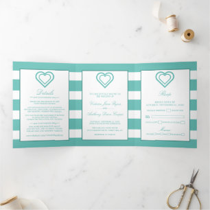 Chic Heart, Teal Striped Wedding Suite Tri-Fold Invitation