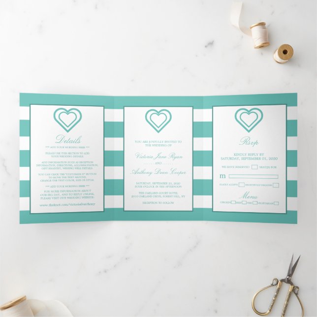 Chic Heart, Teal Striped Wedding Suite Tri-Fold Invitation (Inside)