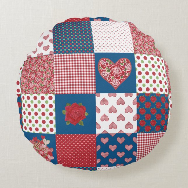 Chic Hearts and Roses Faux Patchwork Round Pillow (Front)