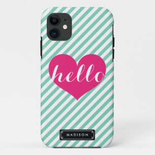 Chic Hello Hot Pink Heart   Mint Stripes Custom iPhone 11 Case
