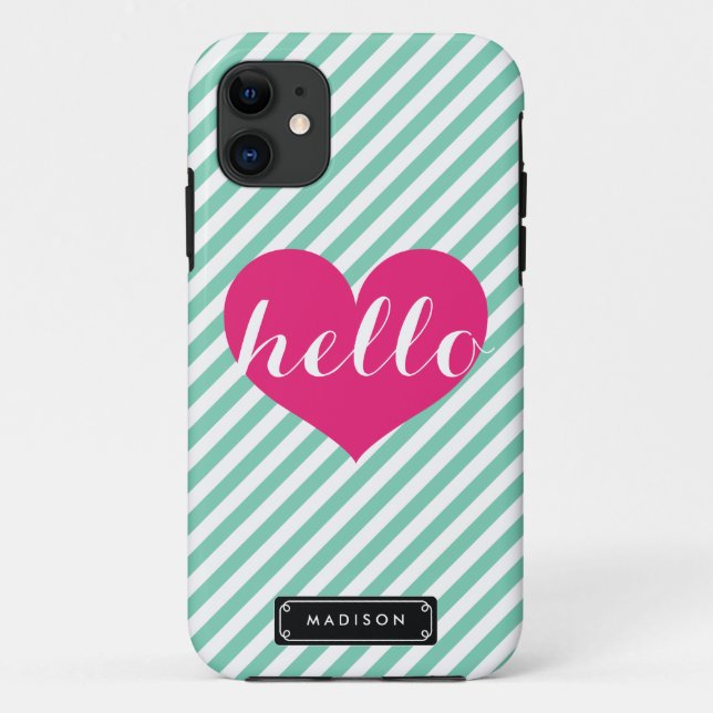 Chic Hello Hot Pink Heart | Mint Stripes Custom Case-Mate iPhone Case (Back)