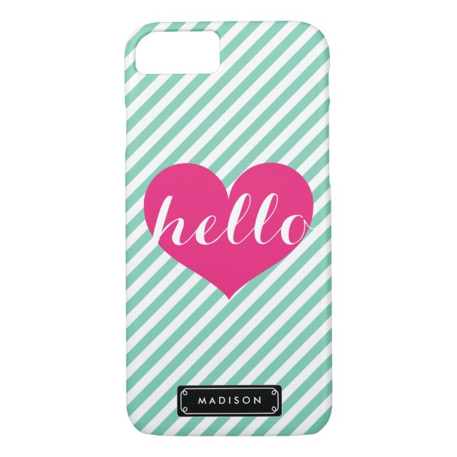 Chic Hello Hot Pink Heart | Mint Stripes Custom Case-Mate iPhone Case (Back)