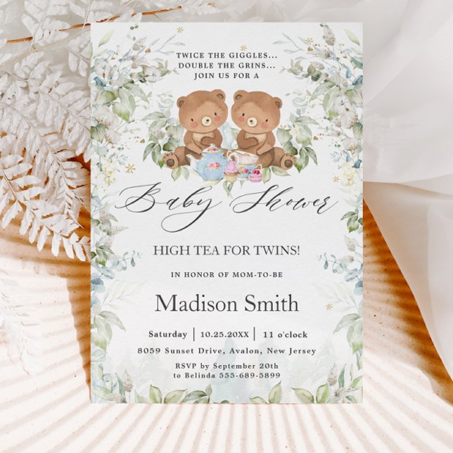 Chic High Tea Party Twins Baby Shower Teddy Bears Invitation (Creator Uploaded)