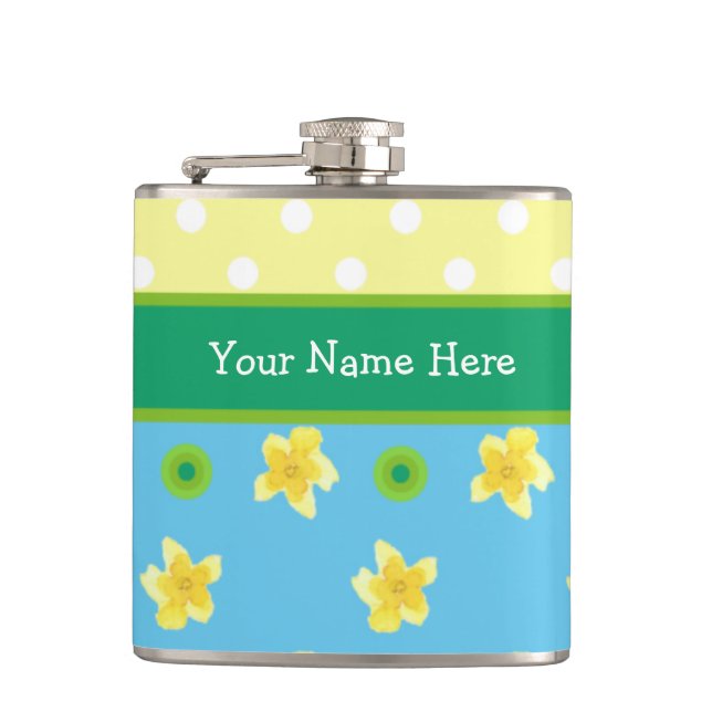 Chic Hip Flask to Personalise: Primroses, Polkas (Front)
