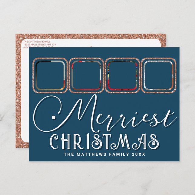 Chic Holiday Photo Script Rose Gold Blue Christmas Postcard (Front/Back)