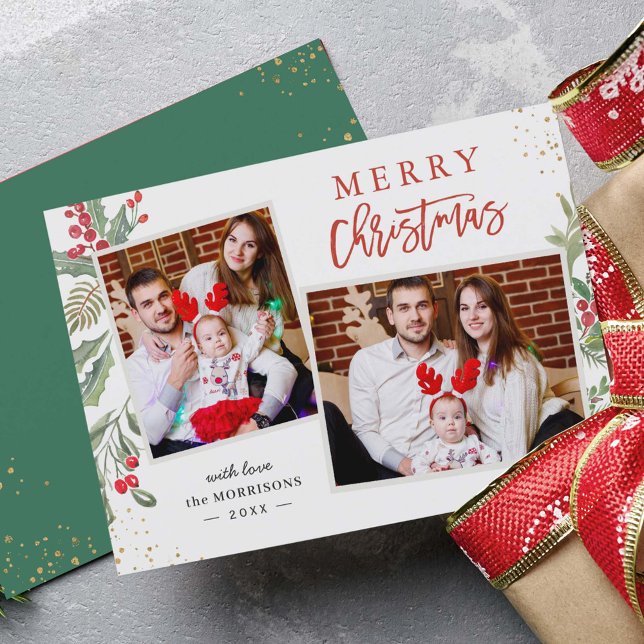 Chic Holly Berries Merry Christmas 2 Photo Holiday Card (Creator Uploaded)