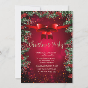 Chic Holly Berries Red Bow Company Christmas Party Invitation