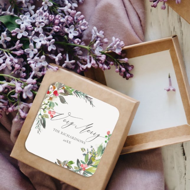 Chic Holly Berry Pine Very Merry Christmas Frame Square Sticker (Creator Uploaded)