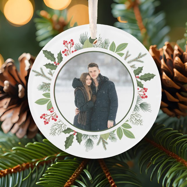 Chic Holly Wreath 2 Sided Couple Photo Christmas Ornament (Creator Uploaded)