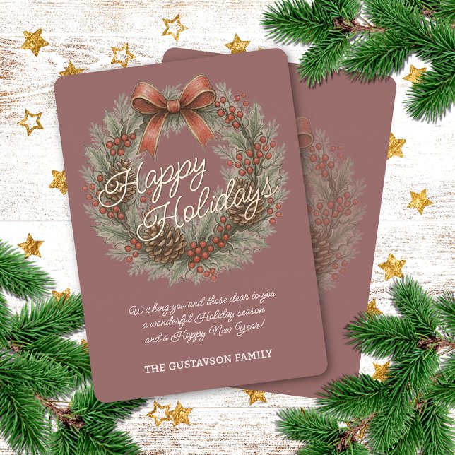 Chic Holly Wreath Red Bow On Mauve Pink Rose Gold (Creator Uploaded)