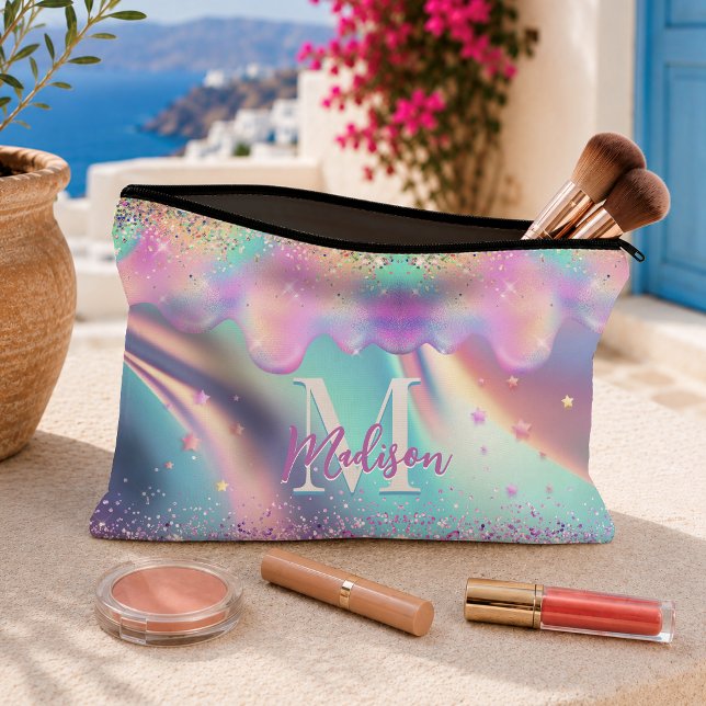 Chic holographic dripping glitter monogram accessory pouch (Creator Uploaded)