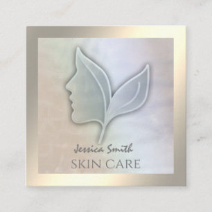 Chic holographic elegant girl face leaves square business card