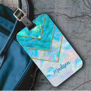 Chic holographic girly stylish blue sketchbook luggage tag