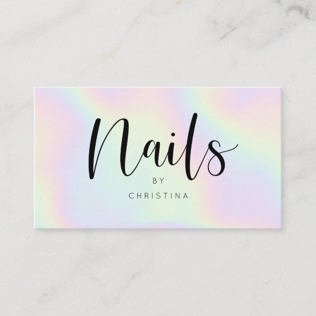 Chic holographic rainbow unicorn nails script business card (Front)