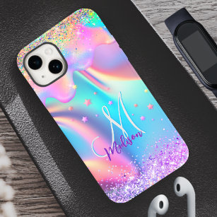 Chic holographic unicorn dripping glitter monogram Case-Mate iPhone 14 case