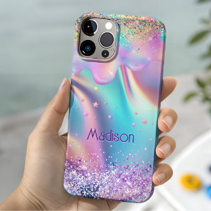 Chic holographic unicorn dripping glitter monogram iPhone 15 case