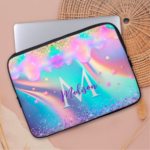 Chic holographic unicorn dripping glitter monogram laptop sleeve
