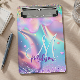 Chic holographic unicorn dripping glitter monogram mini clipboard