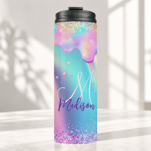 Chic holographic unicorn dripping glitter monogram thermal tumbler