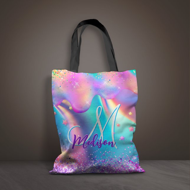 Chic holographic unicorn dripping glitter monogram tote bag (Creator Uploaded)