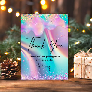 Chic holographic unicorn drips glitter thank you  card