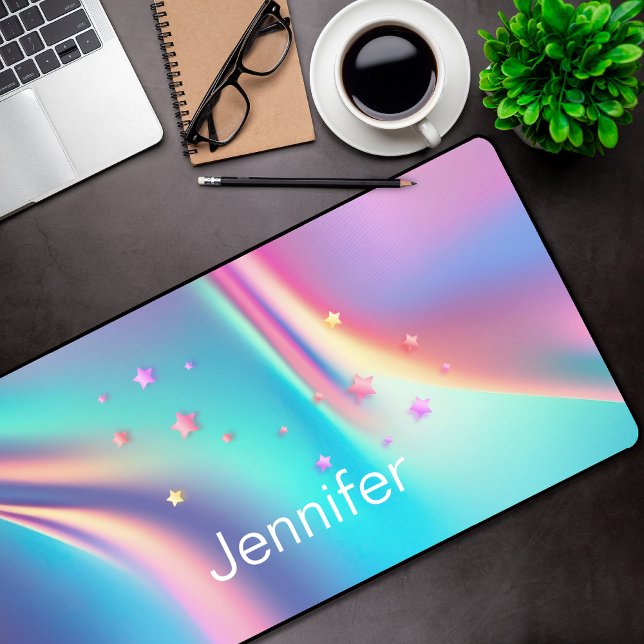 Chic holographic unicorn stars monogram desk mat (Creator Uploaded)