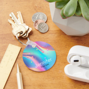Chic holographic unicorn stars monogram key ring