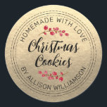 Chic Homemade Christmas Cranberry Cookies Gold Classic Round Sticker<br><div class="desc">Rustic, chic and modern homemade baked goods sticker with the text homemade with love, christmas cookies and your name in black handwritten script calligraphy and modern typography on a champagne gold background with a stylish touch of cranberries sprigs. Simply add your name and the product name to the label. Exclusively...</div>