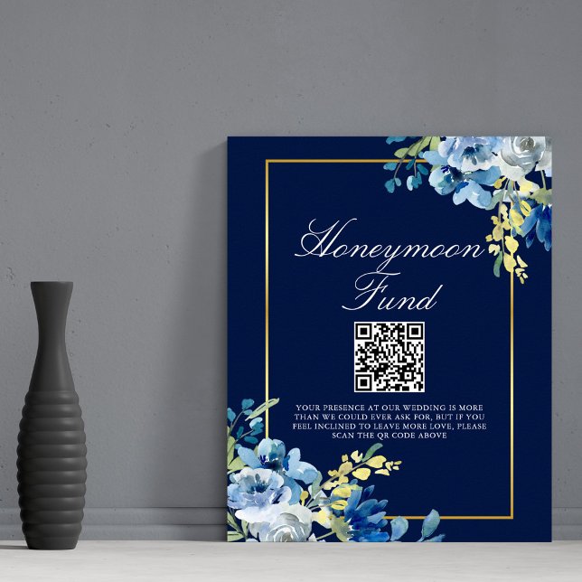 Chic Honeymoon Fund Navy Blue Gold Floral Wedding  Poster (Creator Uploaded)