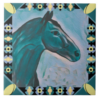 Chic Horse Head Turquoise Teal Blue Mix and Yellow Tile