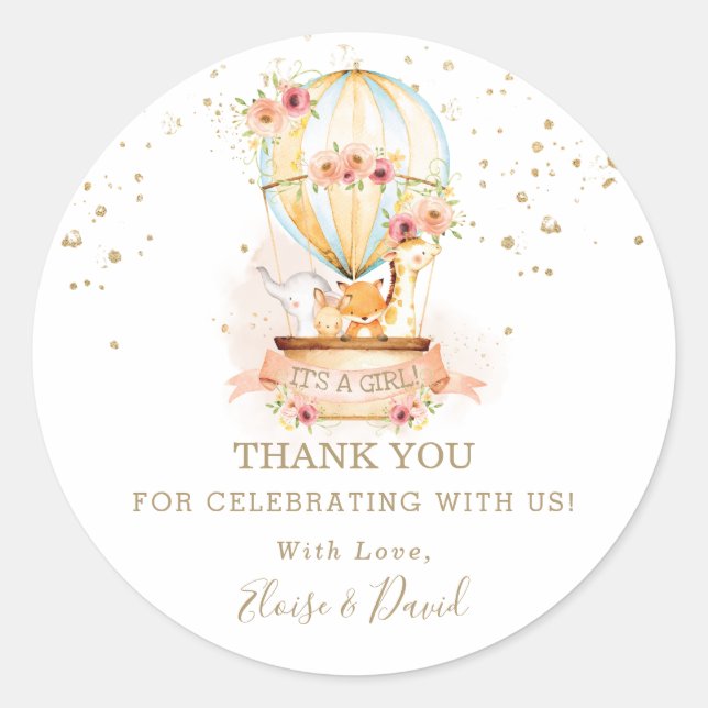 Chic Hot Air Balloon Baby Animals Thank You Favour Classic Round Sticker (Front)