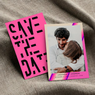 Chic Hot Pink 70s Retro Typography Stripes Wedding Save The Date