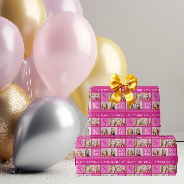 Chic Hot Pink Birthday Girl Custom Photo Collage Wrapping Paper (Creator Uploaded)