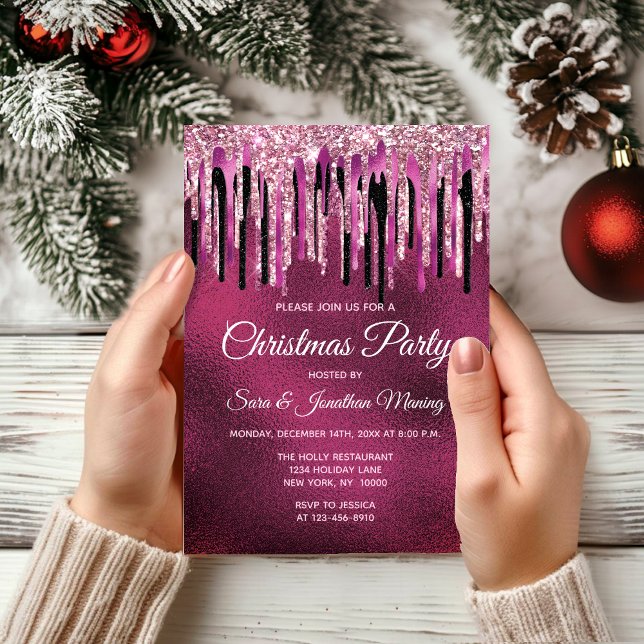 Chic hot pink black drippings glitter Christmas  Invitation (Creator Uploaded)