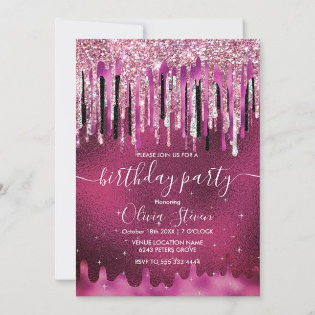 Chic hot pink black drippings glitter monogram invitation (Front)