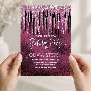 Chic hot pink black drippings glitter monogram invitation