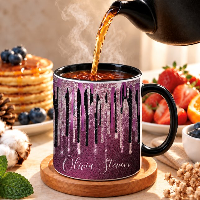 Chic hot pink black drippings glitter monogram mug (Creator Uploaded)
