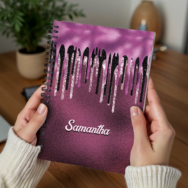 Chic hot pink black drippings glitter monogram notebook (Creator Uploaded)