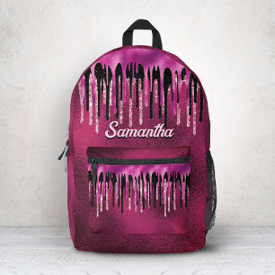 Chic hot pink black drippings glitter monogram printed backpack