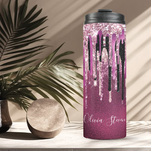 Chic hot pink black drippings glitter monogram thermal tumbler